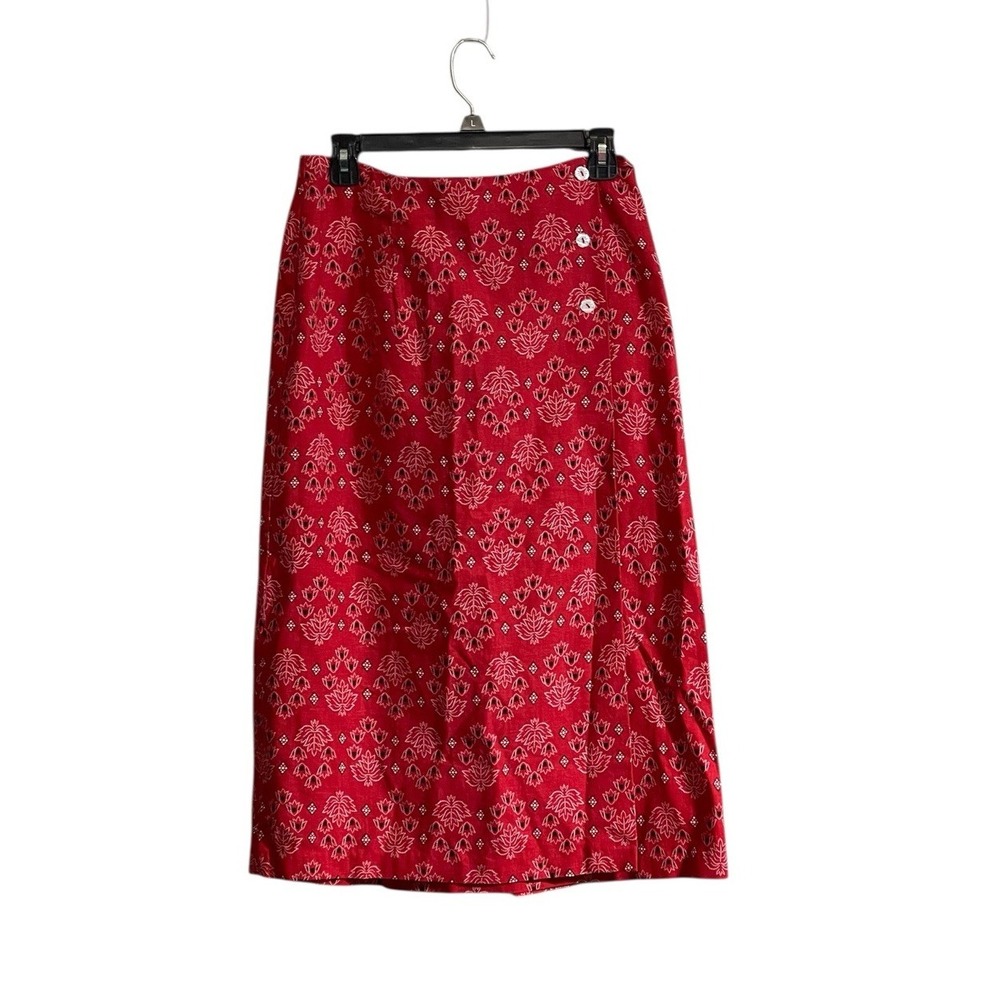Coldwater Creek Med Pet Red Linen Blend Midi Wrap Skirt Bandana Western 70 Retro